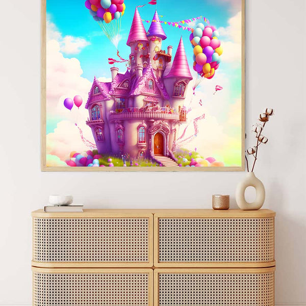 AB Diamond Painting - Fairy tale castle with balloons, Paint by Numbers artwork displayed above a woven cabinet