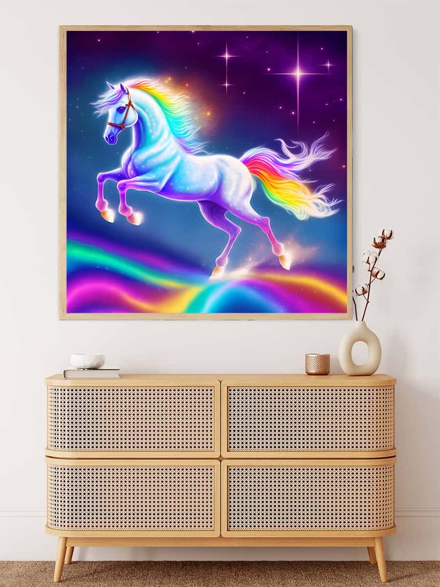 AB Diamond Painting - Unicorn on Rainbow Canvas Displayed on Wall with Colorful Sparkling Design, Perfect for Paint by Numbers Art Enthusiasts.