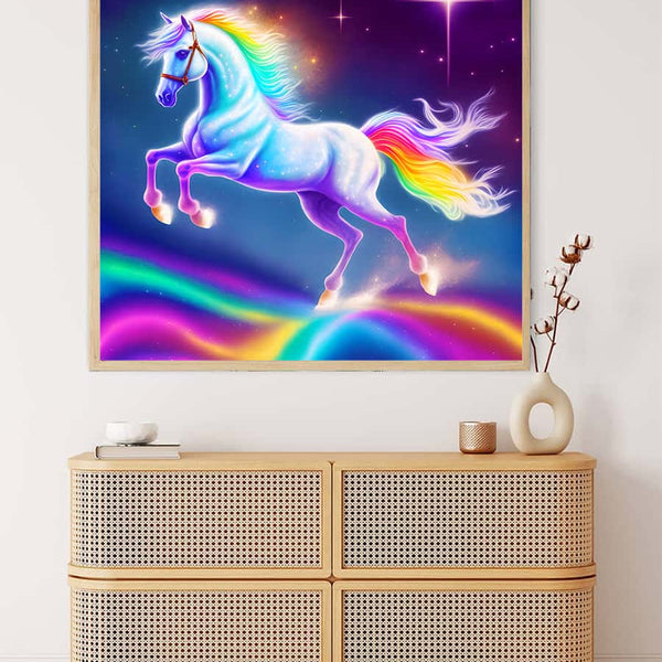 AB Diamond Painting - Unicorn on Rainbow Canvas Displayed on Wall with Colorful Sparkling Design, Perfect for Paint by Numbers Art Enthusiasts.