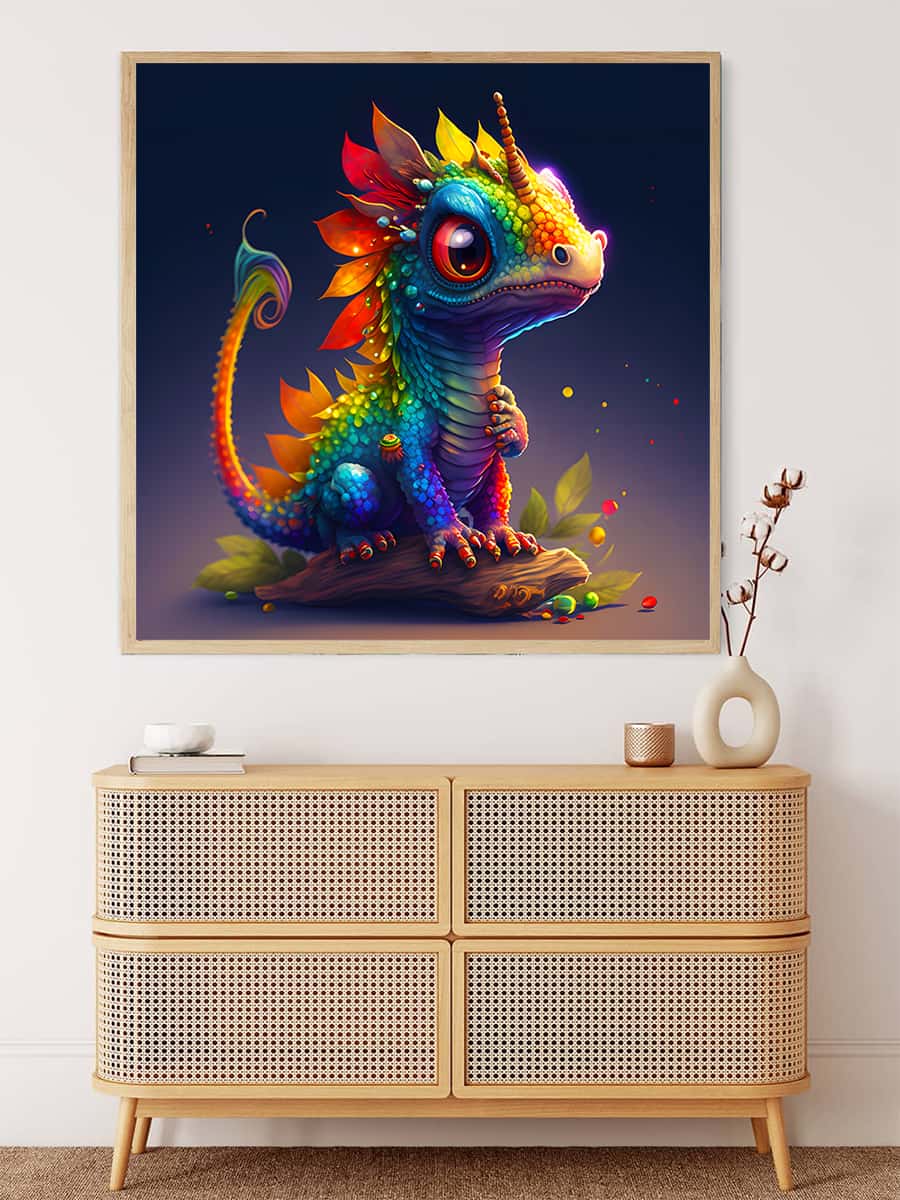 AB Diamond Painting - Rainbow Dragon adorning a cabinet, showcasing a colorful and vibrant dragon design perfect for Paint by Numbers enthusiasts.