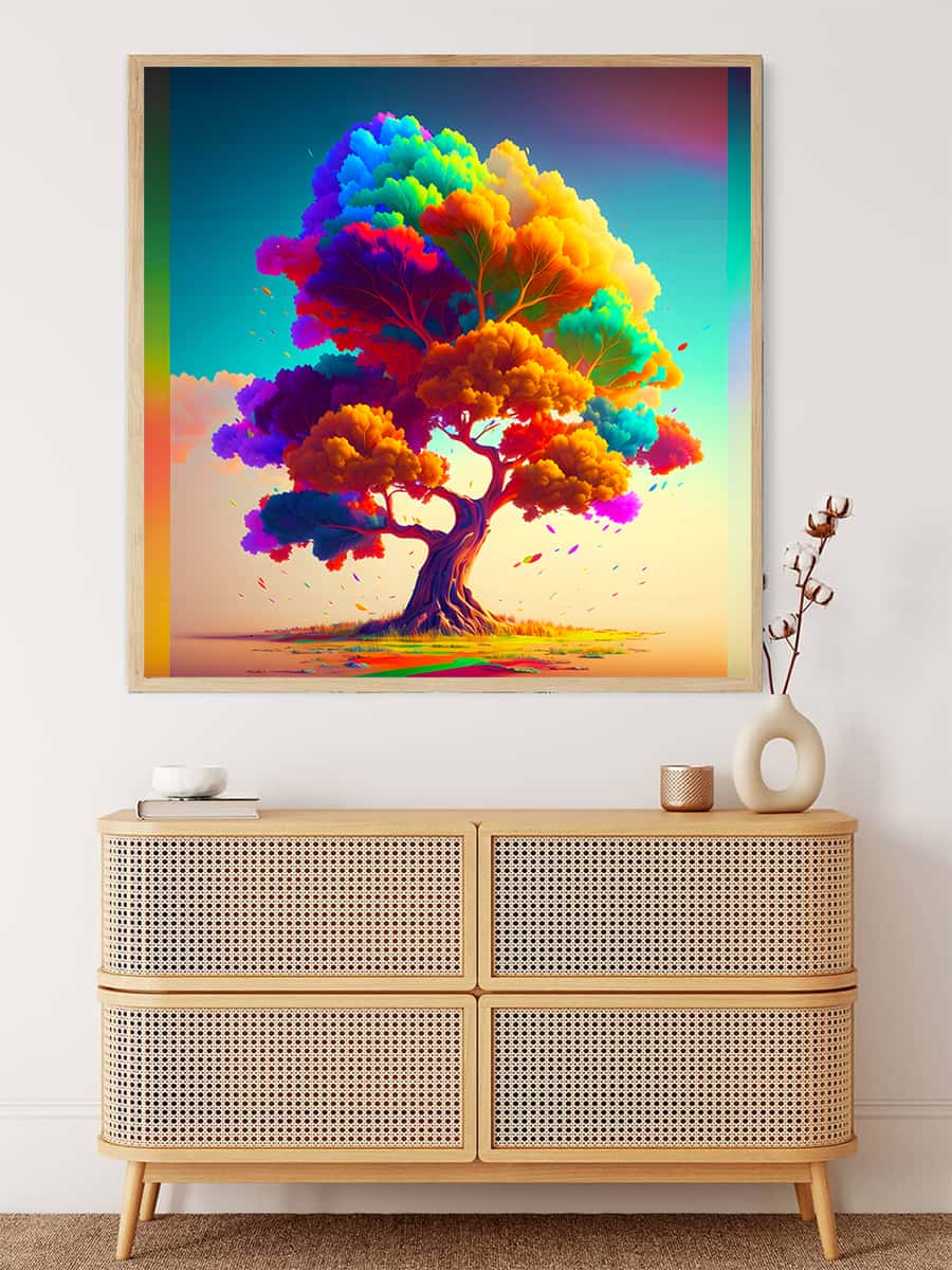 AB Diamond Painting - Tree of Magic Colors, Paint by Numbers kit displayed above a wooden dresser in a cozy room setting.