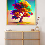 AB Diamond Painting - Tree of Magic Colors, Paint by Numbers kit displayed above a wooden dresser in a cozy room setting.
