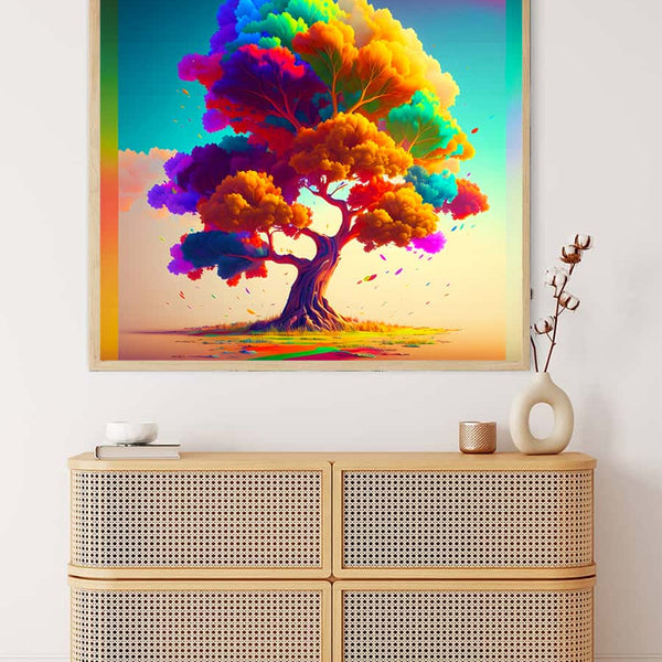 AB Diamond Painting - Tree of Magic Colors, Paint by Numbers kit displayed above a wooden dresser in a cozy room setting.