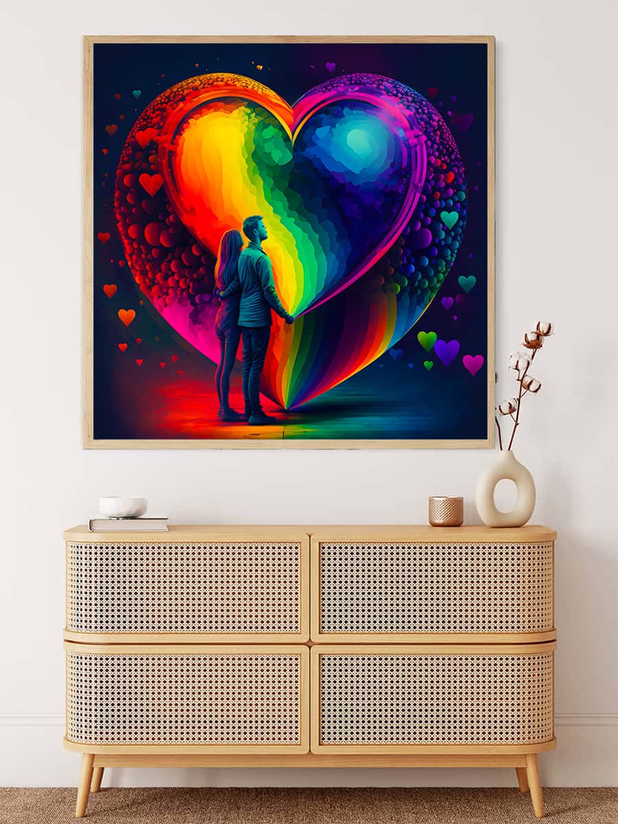AB Diamond Painting - Colorful heart of love with couple, displayed above modern furniture. Paint by Numbers art kit.