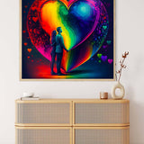 AB Diamond Painting - Colorful heart of love with couple, displayed above modern furniture. Paint by Numbers art kit.