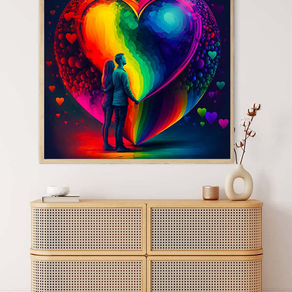 AB Diamond Painting - Colorful heart of love with couple, displayed above modern furniture. Paint by Numbers art kit.