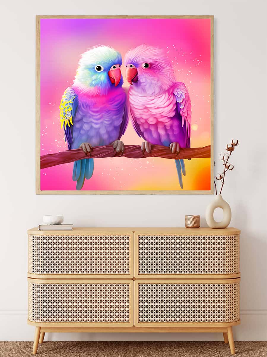 AB Diamond Painting - Lovebirds hanging on the wall, featuring vibrant lovebirds perched on a branch with a colorful background.