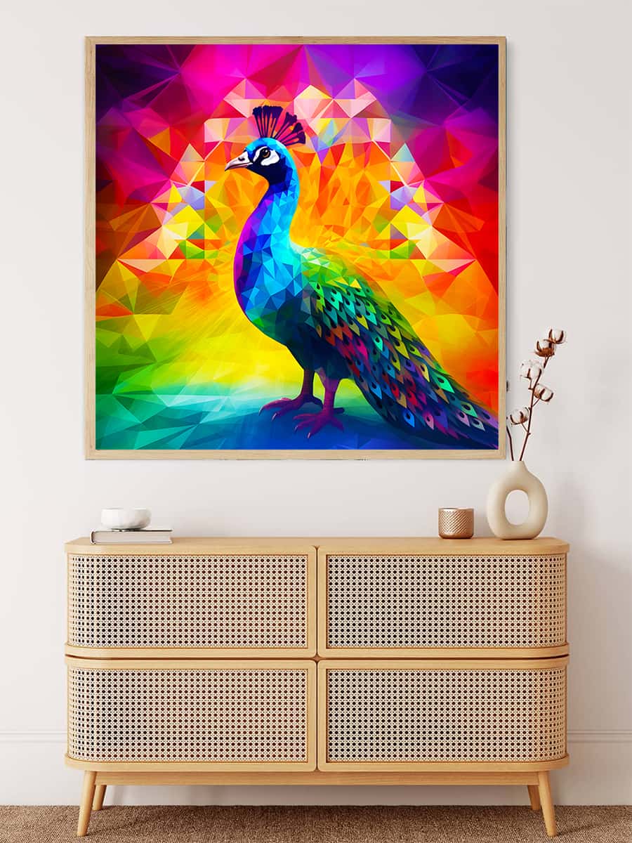 AB Diamond Painting - Diamond Peacock hanging above modern dresser, showcasing vibrant and colorful peacock design. Paint by Numbers kit.