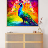 AB Diamond Painting - Diamond Peacock hanging above modern dresser, showcasing vibrant and colorful peacock design. Paint by Numbers kit.