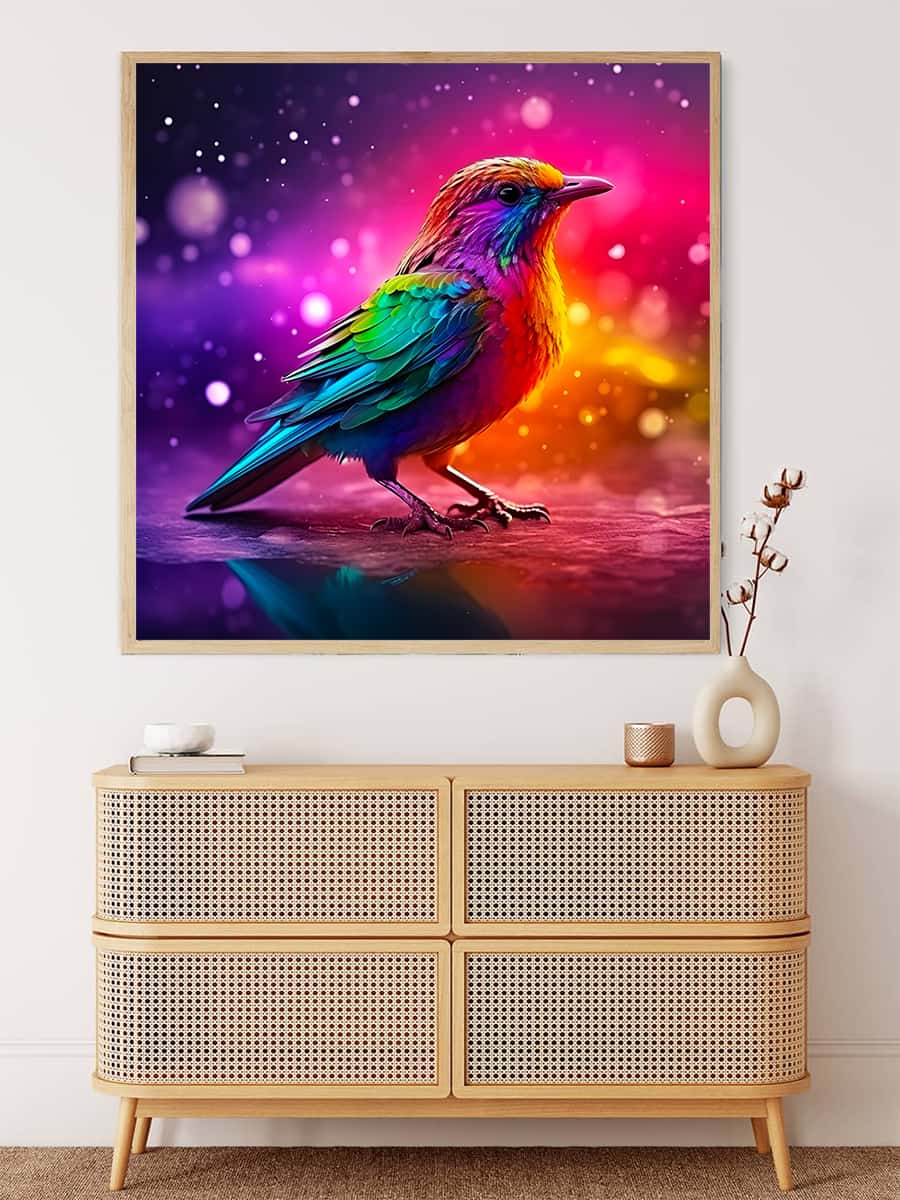 AB Diamond Painting of a colorful bright bird on canvas hanging above a modern dresser. Paint by Numbers kit.
