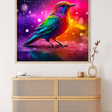 AB Diamond Painting of a colorful bright bird on canvas hanging above a modern dresser. Paint by Numbers kit.