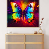 AB Diamond Painting - Rainbow Butterfly showcased on wall above woven cabinet. Art that sparkles! Perfect for Paint by Numbers enthusiasts.