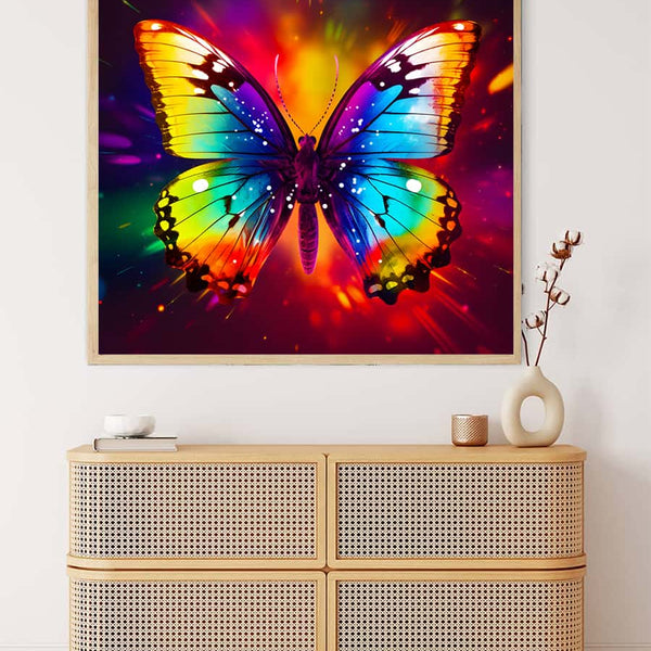 AB Diamond Painting - Rainbow Butterfly showcased on wall above woven cabinet. Art that sparkles! Perfect for Paint by Numbers enthusiasts.