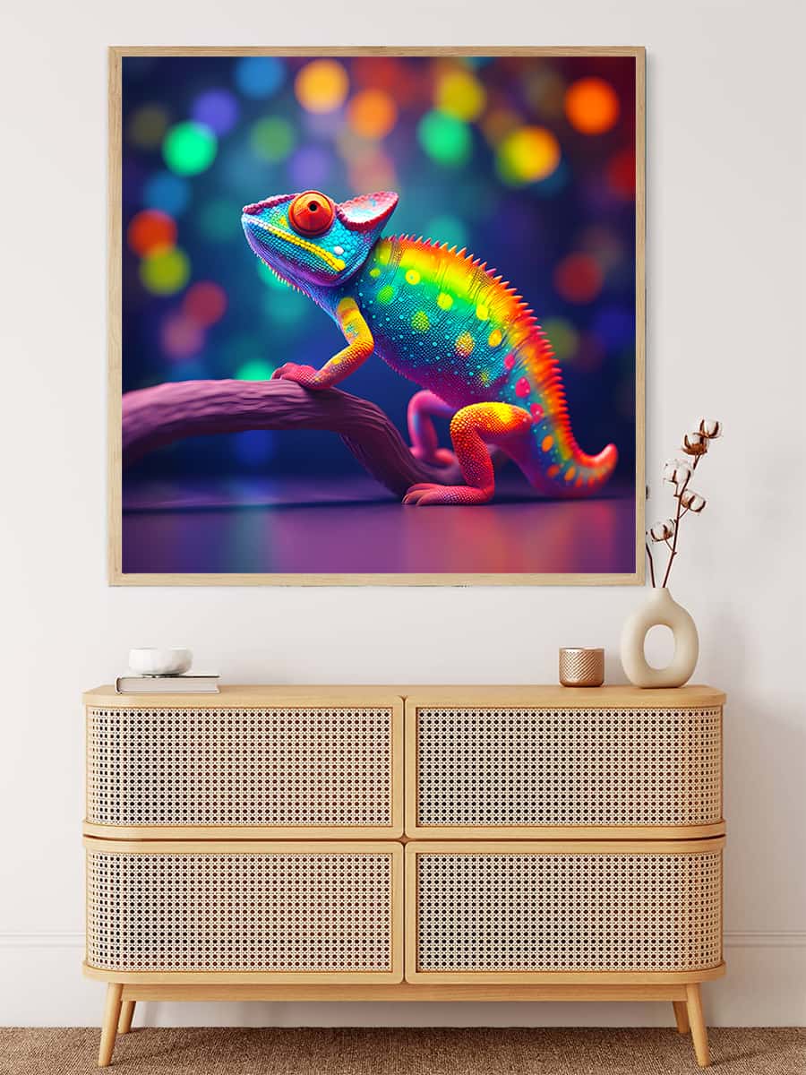 AB Diamond Painting of vibrant rainbow chameleon – paint by numbers art kit displayed on wall above modern cabinet.