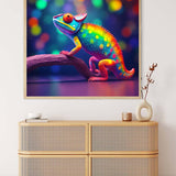 AB Diamond Painting of vibrant rainbow chameleon – paint by numbers art kit displayed on wall above modern cabinet.