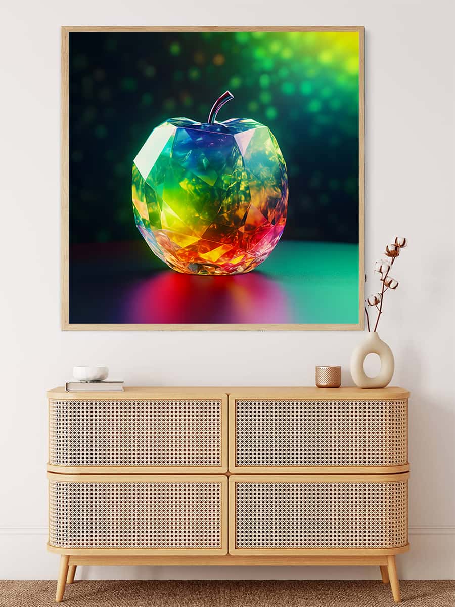 AB Diamond Painting - Diamond Apple framed artwork displayed above a modern chest of drawers, featuring vibrant, multicolored acrylic diamonds.