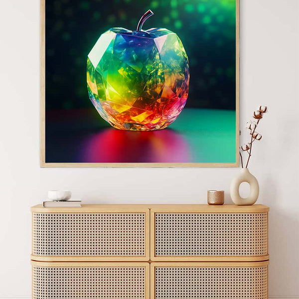 AB Diamond Painting - Diamond Apple framed artwork displayed above a modern chest of drawers, featuring vibrant, multicolored acrylic diamonds.