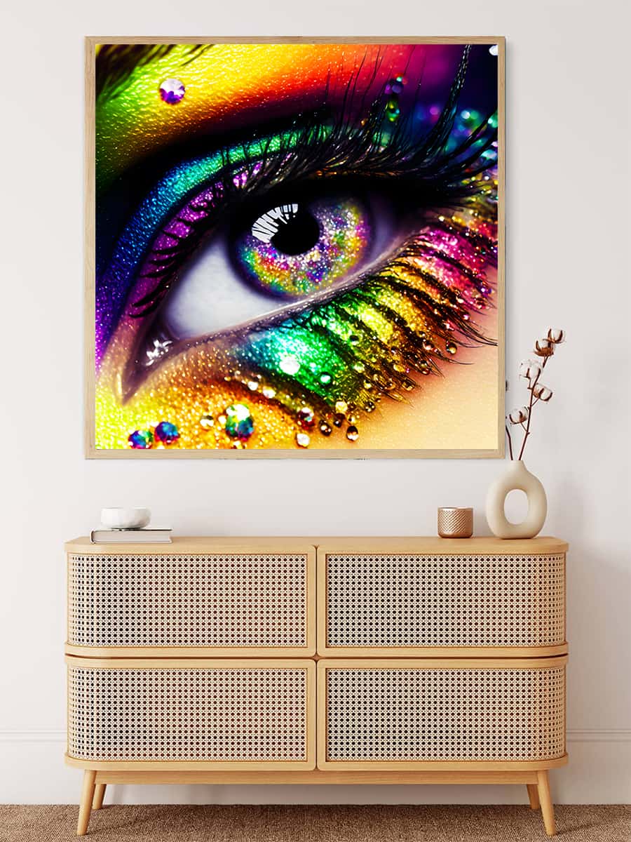 AB Diamond Painting - Colorful Look wall art with vibrant eye design on canvas displayed above a modern dresser
