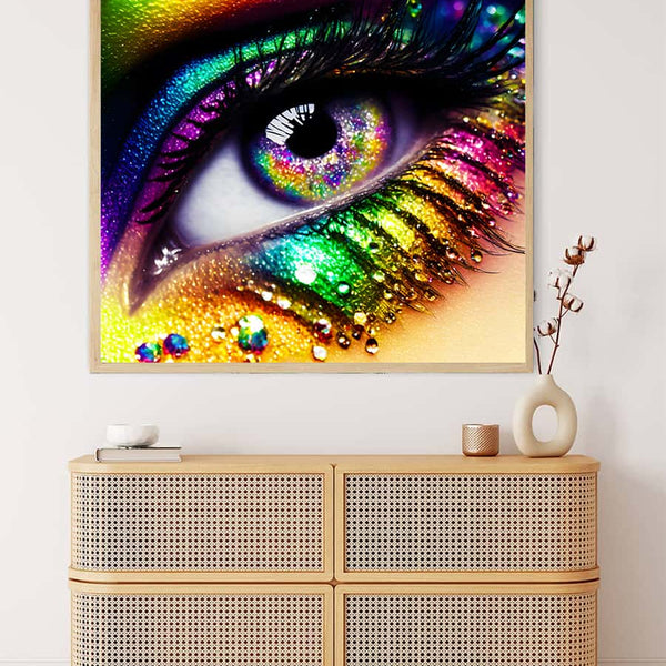 AB Diamond Painting - Colorful Look wall art with vibrant eye design on canvas displayed above a modern dresser