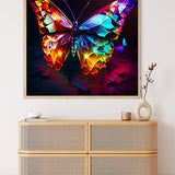 Colorful framed diamond butterfly painting kit displayed above a wooden chest, suitable for Paint by Numbers and art enthusiasts.
