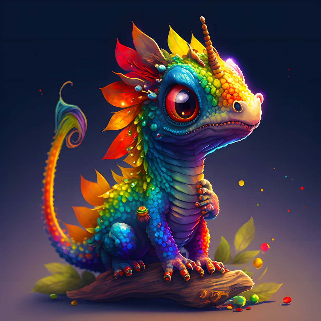 Rainbow dragon diamond painting kit - colorful baby dragon on a log with sparkles.