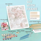 Paint by Numbers kit set with frame, canvas, color guide, color pots, wall hook, template, and 3 brushes for DIY painting.