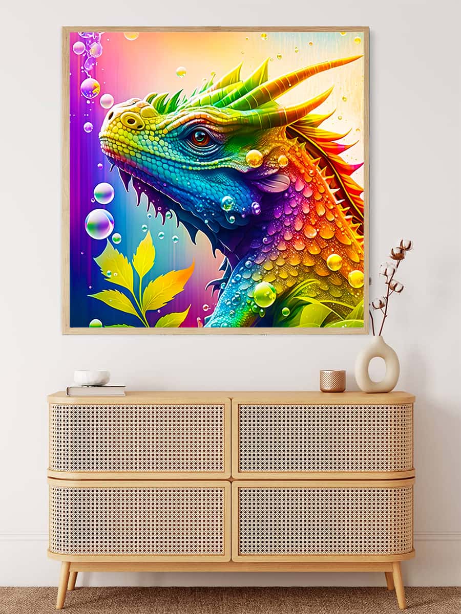 Colorful dragon portrait diamond painting kit displayed on wall above wicker cabinet.