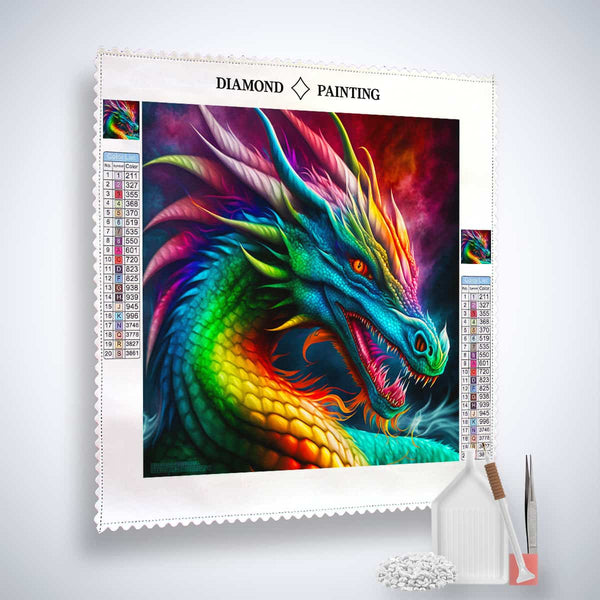 Colorful dragon diamond painting kit with canvas, acrylic diamonds, tweezers, and application pen, ideal for paint by numbers enthusiasts.