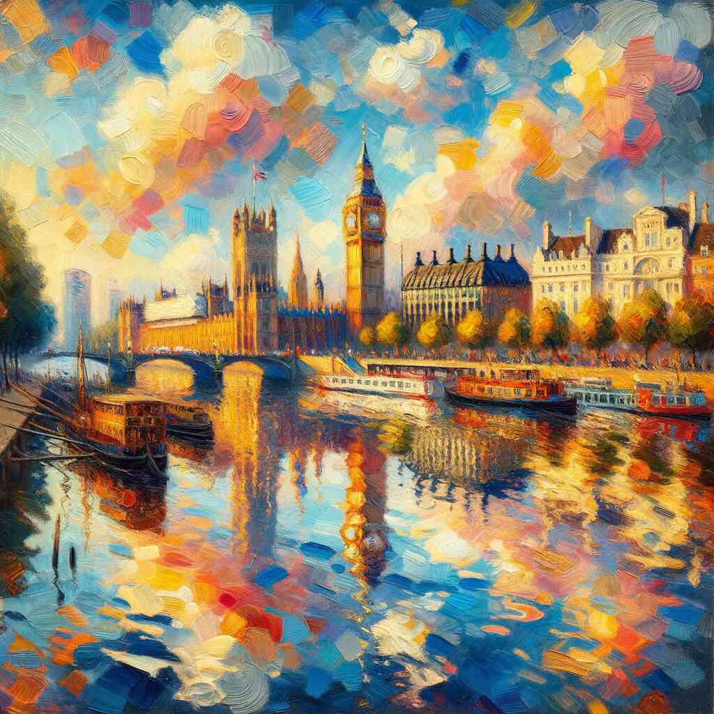 Paint by Numbers - River of Colors: London in the evening glow, showcasing a vibrant blend of warm reds and cool blues with iconic architecture.