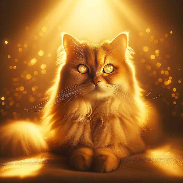 Majestic cat with amber eyes surrounded by golden light in Paint by Numbers artwork "Sun Sparks Velvet Paw"