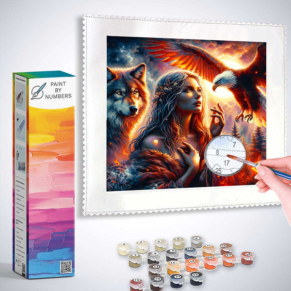 Paint by Numbers - Woman with eagle and wolf