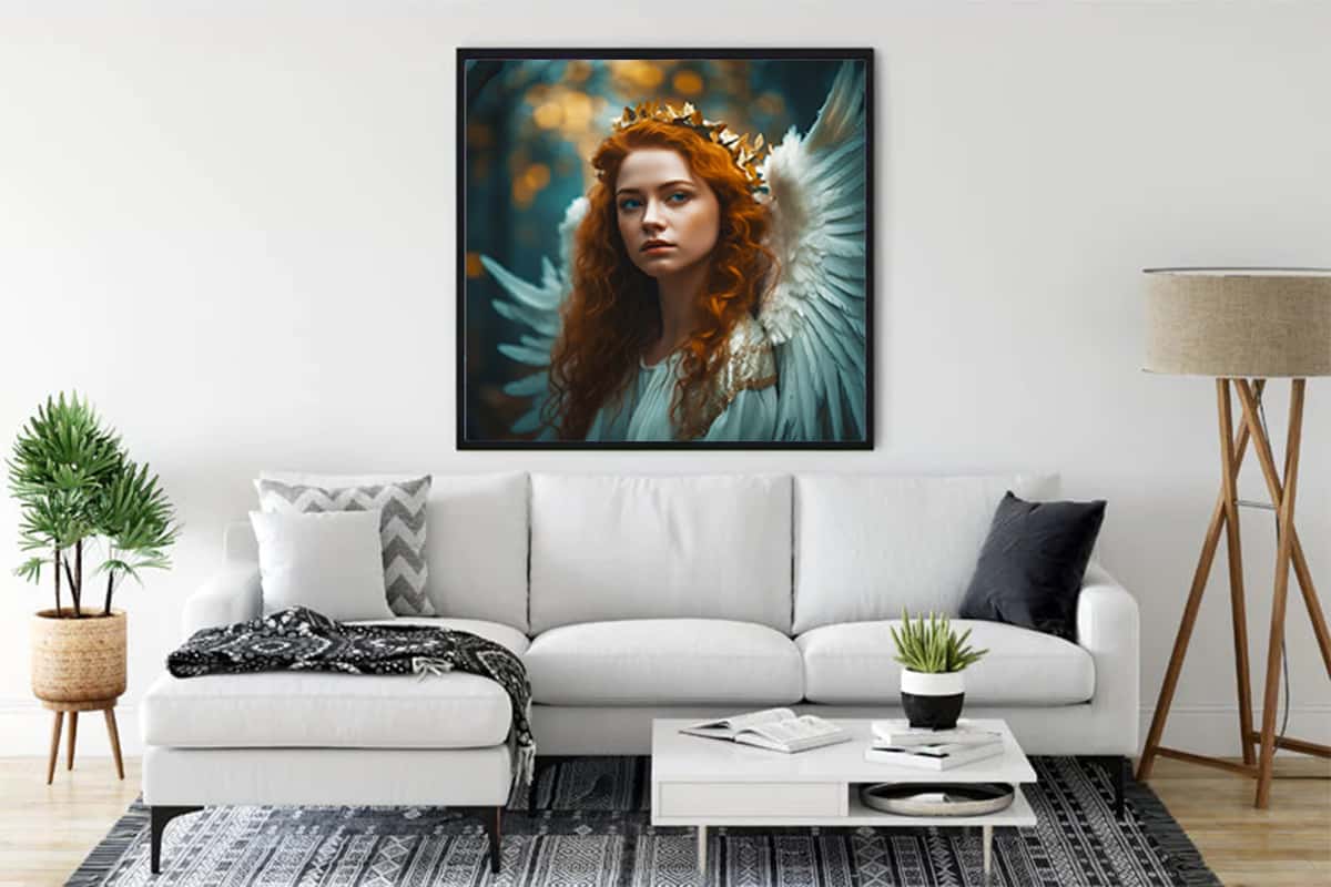 Diamond Painting - Angel with red hair hanging in a modern living room, part of Paint by Numbers kits.