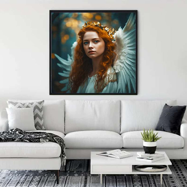 Diamond Painting - Angel with red hair hanging in a modern living room, part of Paint by Numbers kits.