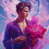 Handsome man holding vibrant flowers in a detailed diamond painting canvas.