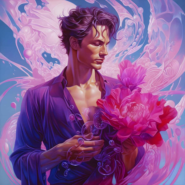 Handsome man holding vibrant flowers in a detailed diamond painting canvas.