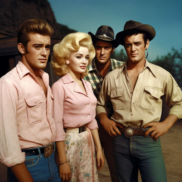 Four friends posing together in casual attire, featuring two men in cowboy hats and belts, a woman in a floral skirt, and another man in jeans.