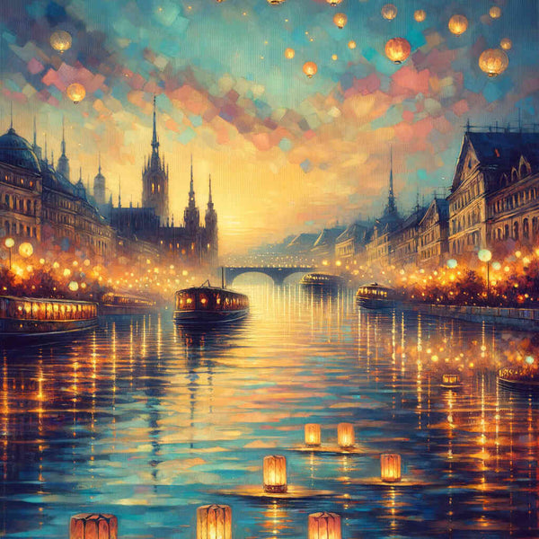 City by the river, lantern light - Paint by Numbers