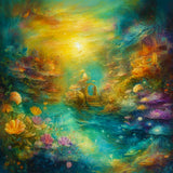 Colorful diamond painting kit depicting a vibrant, mystical forest scene with a glowing sun, flowers, and a serene river. Paint by Numbers.