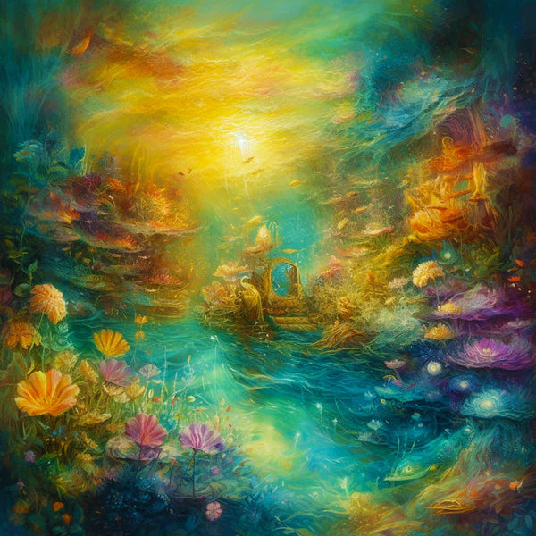 Colorful diamond painting kit depicting a vibrant, mystical forest scene with a glowing sun, flowers, and a serene river. Paint by Numbers.