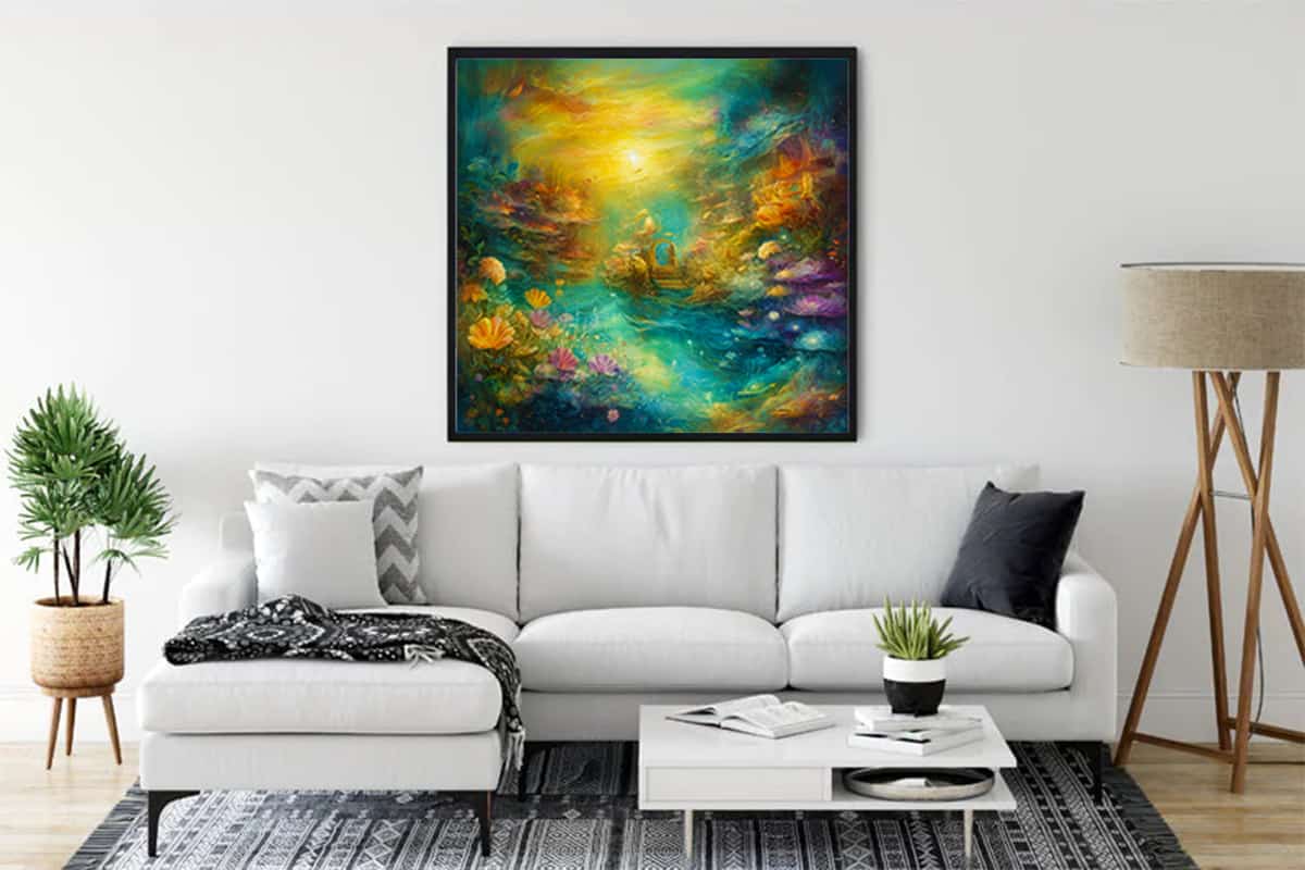 Diamond Painting - Forest Whispers hung on a white wall above a modern white couch in a stylish living room setting.