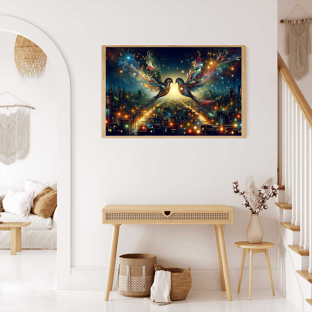 Paint by Numbers - colorful birds with vibrant wings in front of city lights, framed art on wall in cozy room.