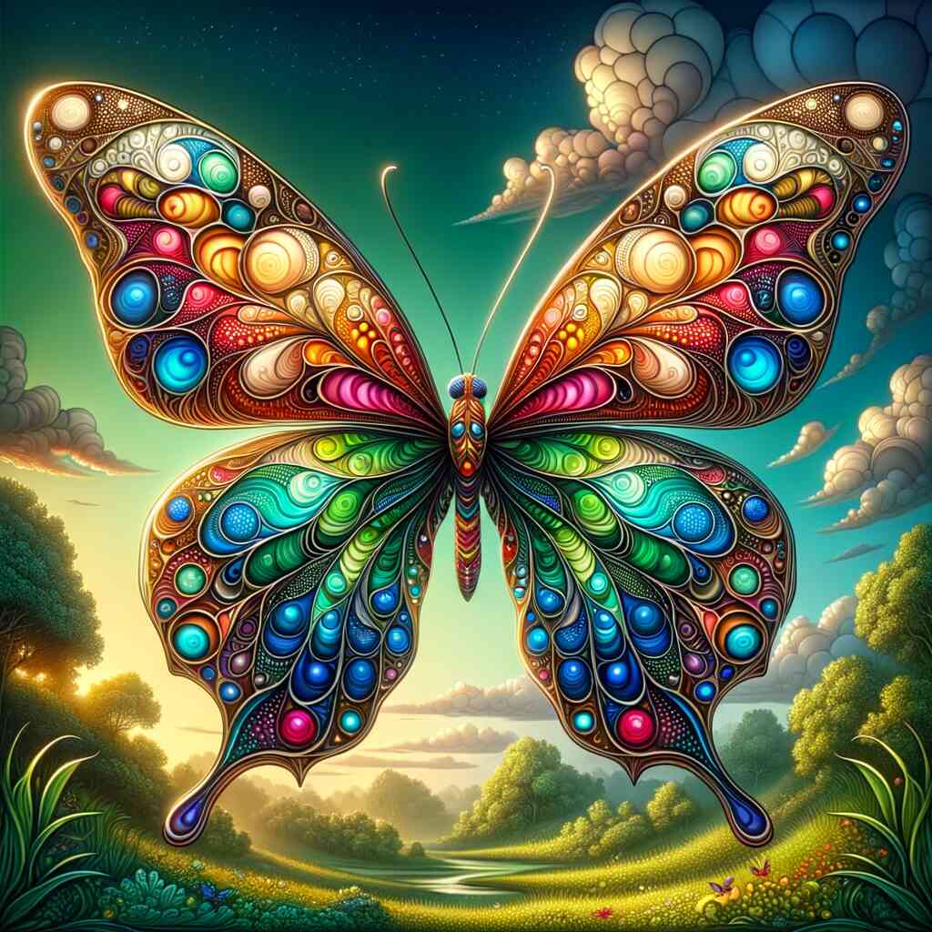 Paint by Numbers - Color Dance of Life butterfly with vibrant patterned wings hovering over a scenic landscape at sunset.