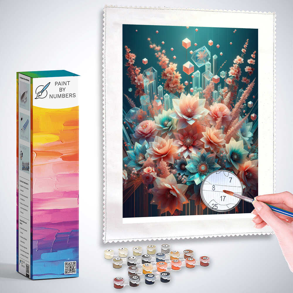 Diamond Painting – Flower Collection with delicate pink and peach flowers on turquoise background, including Paint by Numbers kit