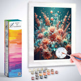 Diamond Painting – Flower Collection with delicate pink and peach flowers on turquoise background, including Paint by Numbers kit