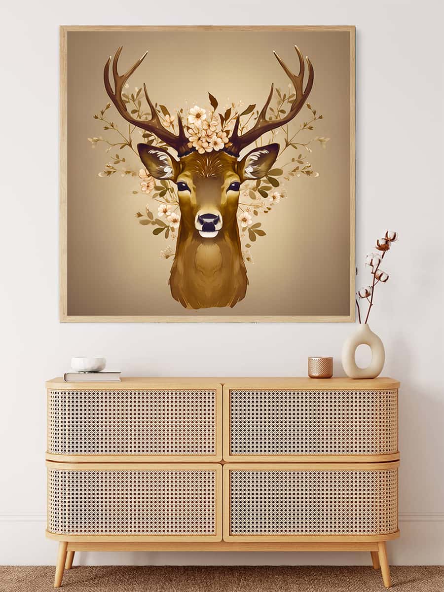 AB Diamond Painting Deer Profile hanging on wall above wicker dresser in well-decorated room - Paint by Numbers kits available