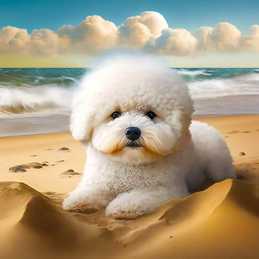 Diamond Painting - Cute fluffy dog on the beach, perfect for Paint by Numbers art projects