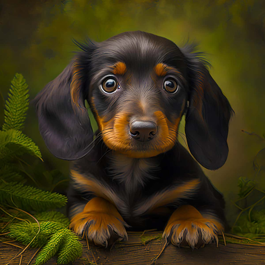 Adorable dachshund puppy with brown and black fur surrounded by green foliage.