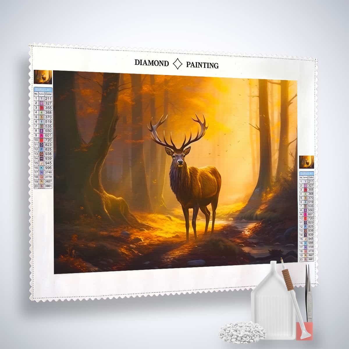 Diamond painting kit featuring a majestic deer in a golden forest, complete with canvas, acrylic diamonds, tweezers, and application pen.