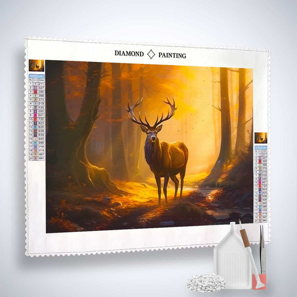 Diamond painting kit featuring a majestic deer in a golden forest, complete with canvas, acrylic diamonds, tweezers, and application pen.