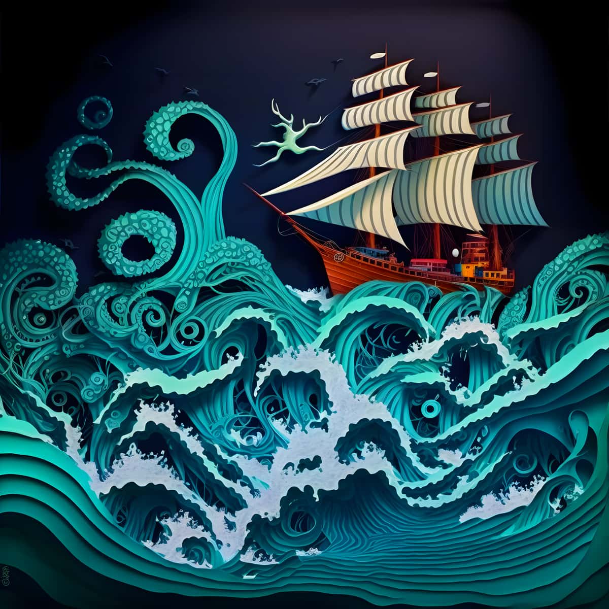 Diamond Painting Kit with Turquoise Rough Sea and Sailing Ship - Paint by Numbers